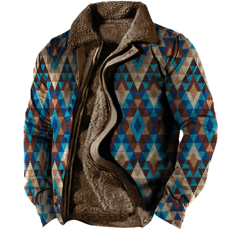 Men's Vintage Ethnic Print Fleece Zip-Up Jacket