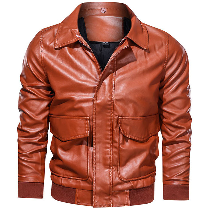 Men's Lapel Solid Color Large Pocket Biker Leather Jacket