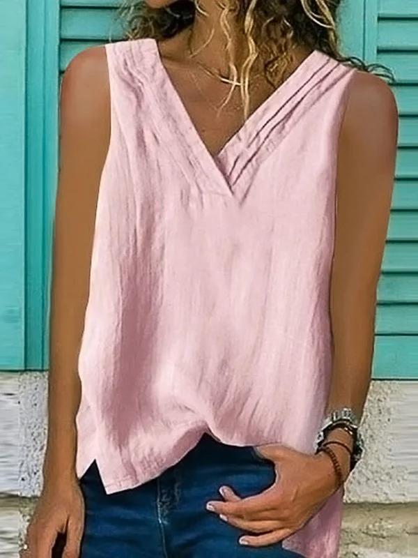 Ladies Cotton Linen V-Neck Hem Bifurcated Sleeveless Shirt