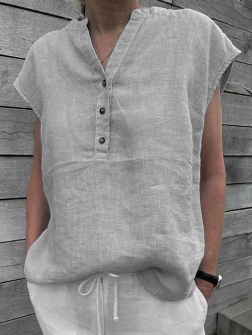 Cotton Linen Shirt Ladies Casual V-Neck Button Short Sleeve Solid Color Top