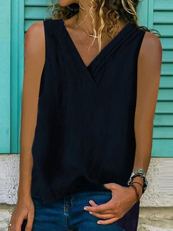 Ladies Cotton Linen V-Neck Hem Bifurcated Sleeveless Shirt