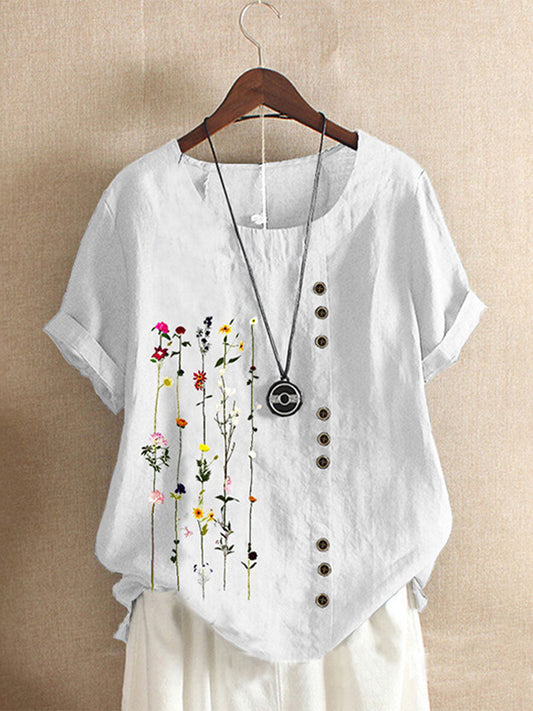 Casual loose cotton and linen printed short-sleeved T-shirt