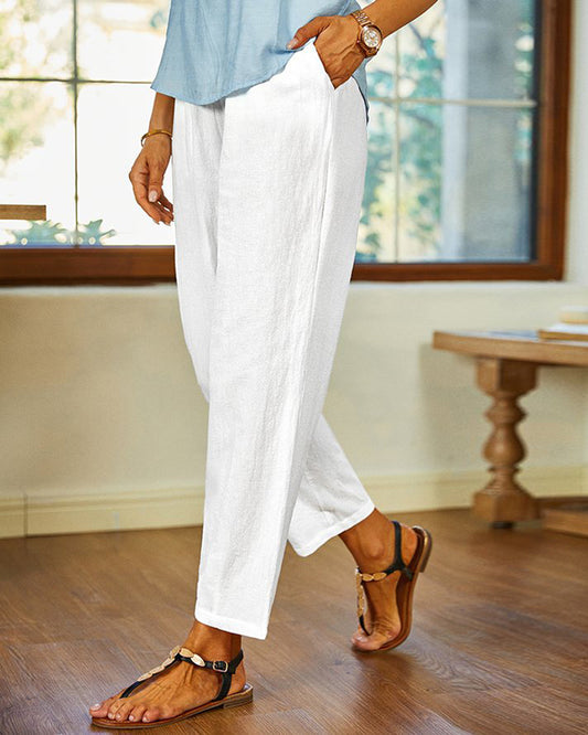 Women's White Casual Pants with Pockets