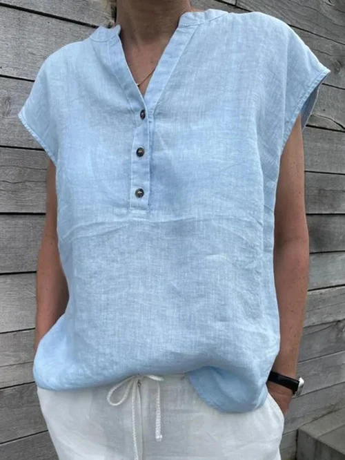 Cotton Linen Shirt Ladies Casual V-Neck Button Short Sleeve Solid Color Top
