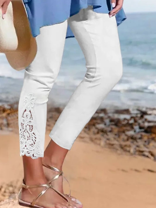 Women's Pure Color Lace Stitching Casual Cropped Pants