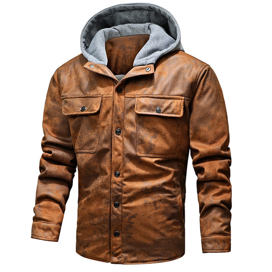 Men's Pocket Hooded Faux Leather Jacket
