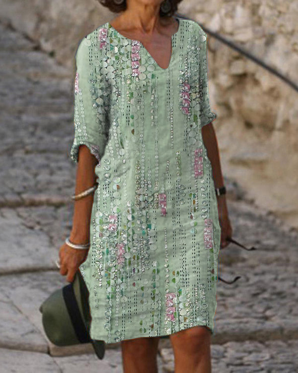V-neck Casual Abstract Print Midi Dress