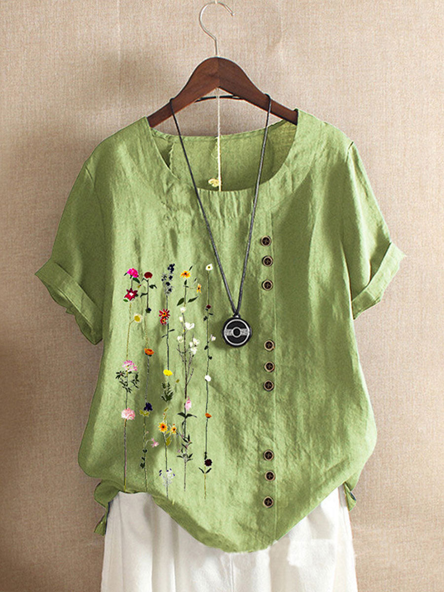 Casual loose cotton and linen printed short-sleeved T-shirt